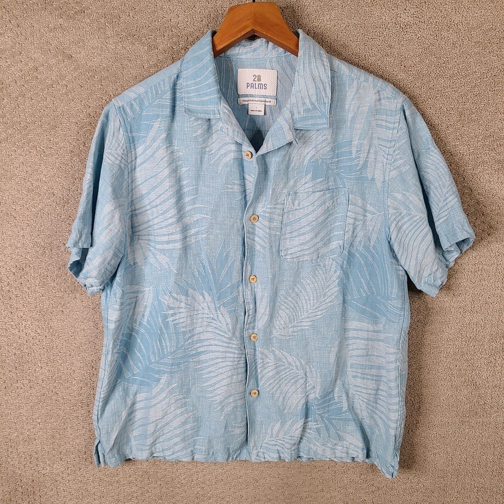 28 Palms Shirt Mens Large Blue Floral Silk Linen Blend Relaxed Button‎ Up Beach